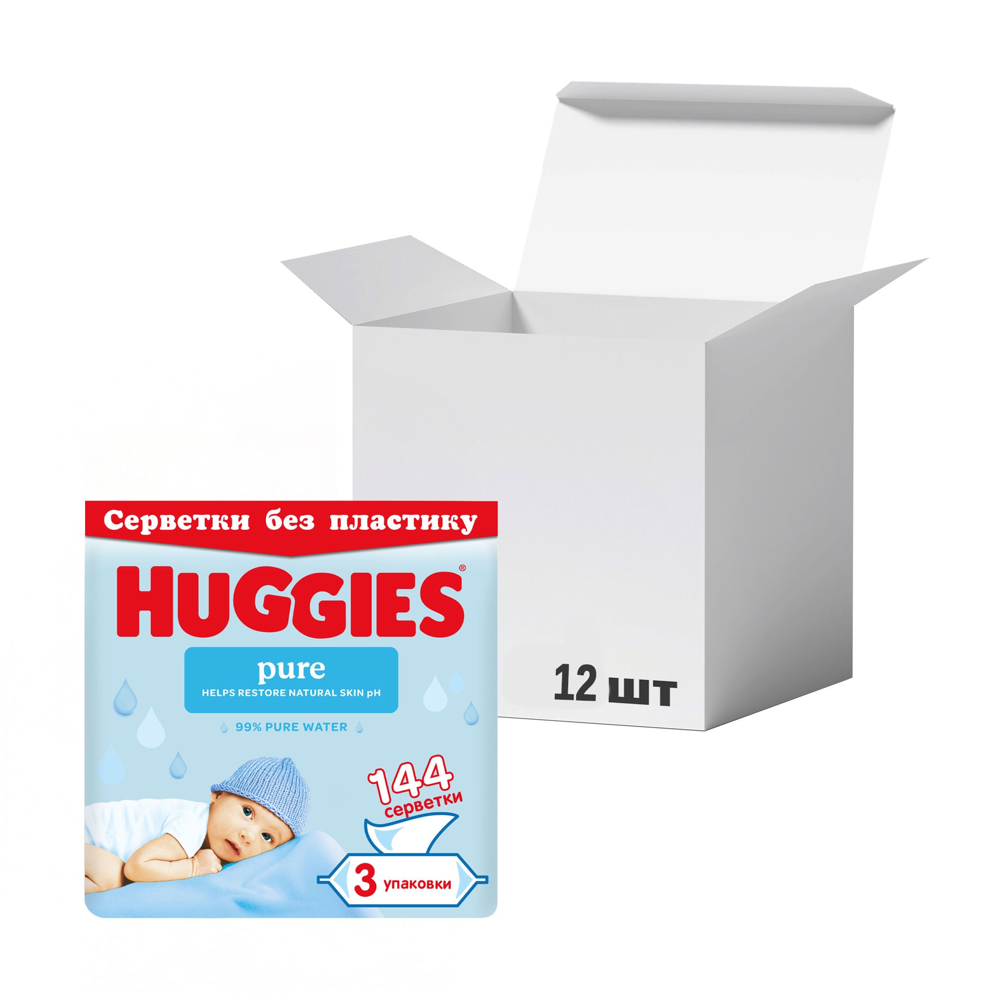 Упаковка дитячих вологих серветок Huggies Pure без пластику, 48 шт * 12 шт